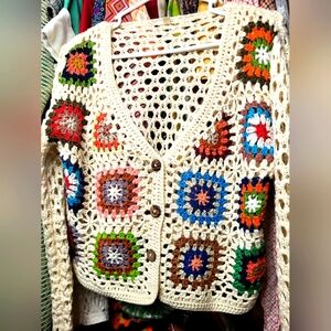 Crochet Cardigan Multicolor Granny Square (Marked S, best fits M/L)